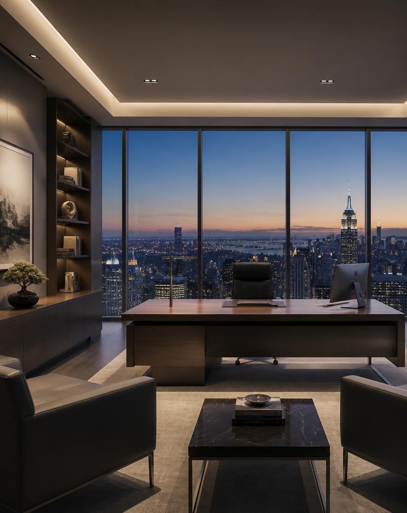 High-end executive office overlooking a city skyline at dusk