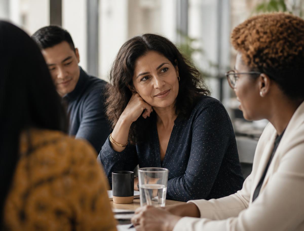 A mentor in conversation with executives around a table
